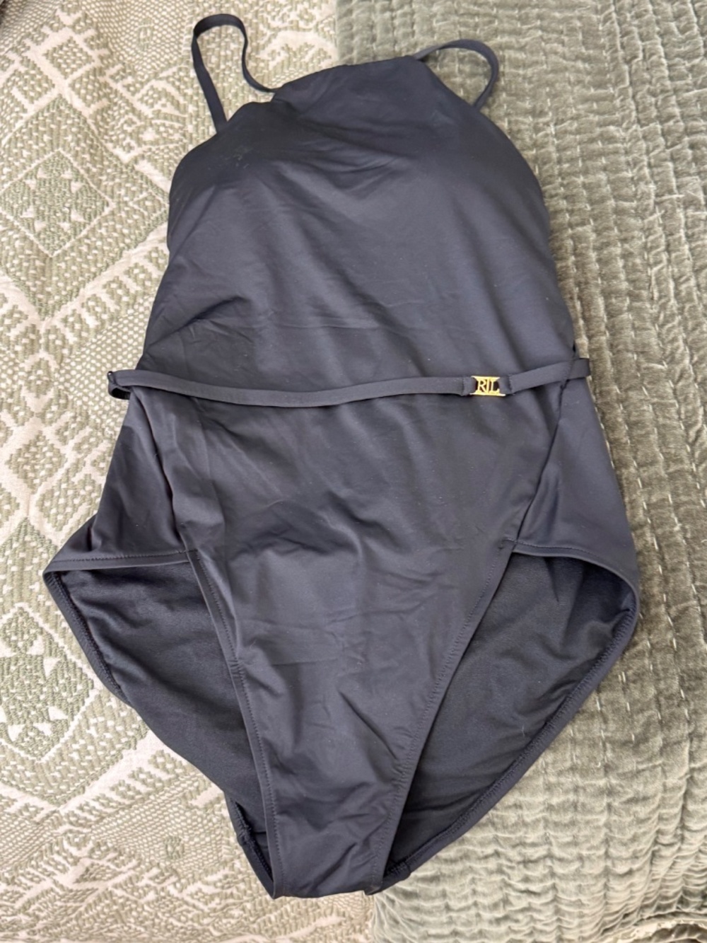Lauren Ralph Lauren Black One Piece Swimsuit Gold RL Logo Size 12